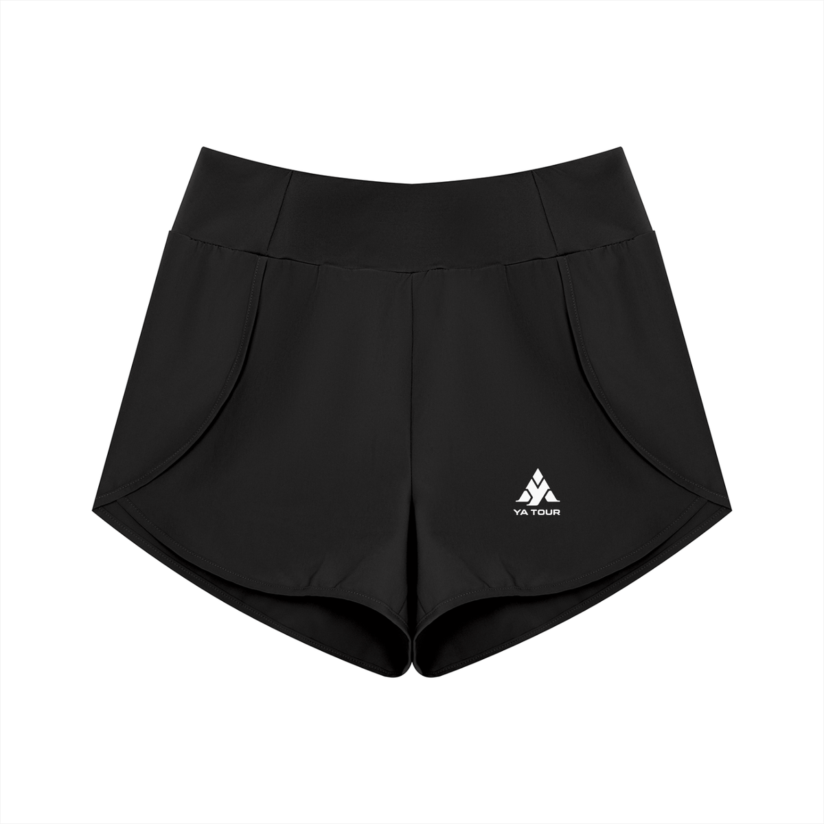 YA TOUR Women's High Rise Shorts black — front view with YA TOUR logo and wide high waistband
