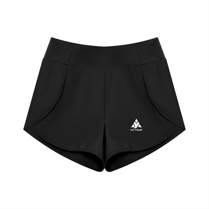 YA TOUR Women's High Rise Shorts black — front view with YA TOUR logo and wide high waistband