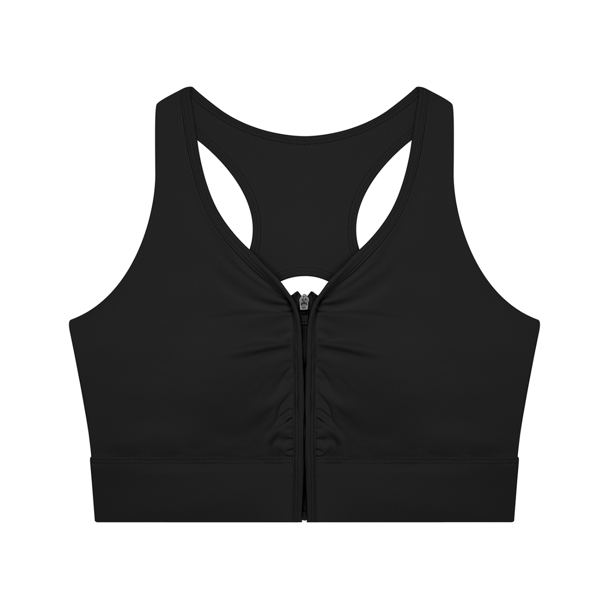 YA TOUR Women's Cropped Zip Sports Bra black — front view showing front zip closure and racerback silhouette