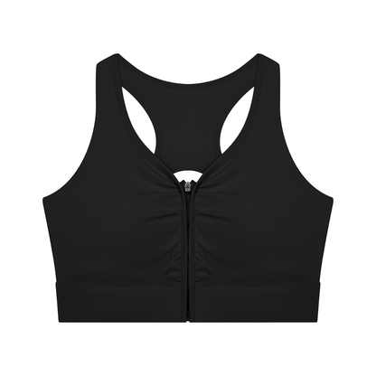 YA TOUR Women's Cropped Zip Sports Bra black — front view showing front zip closure and racerback silhouette