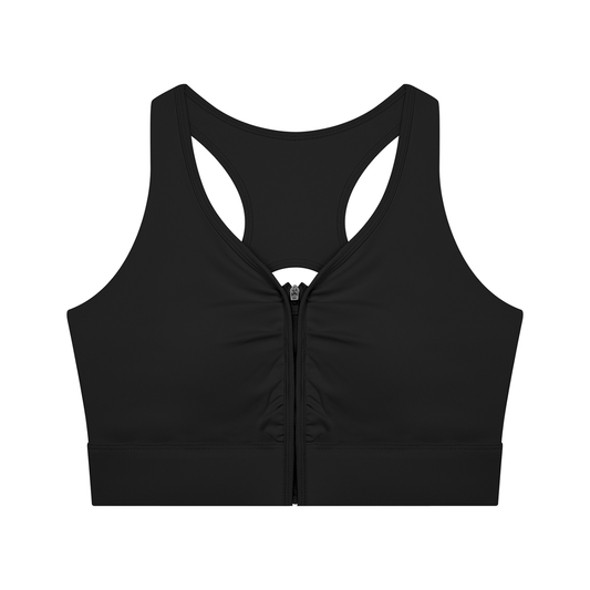 YA TOUR Women's Cropped Zip Sports Bra black — front view showing front zip closure and racerback silhouette