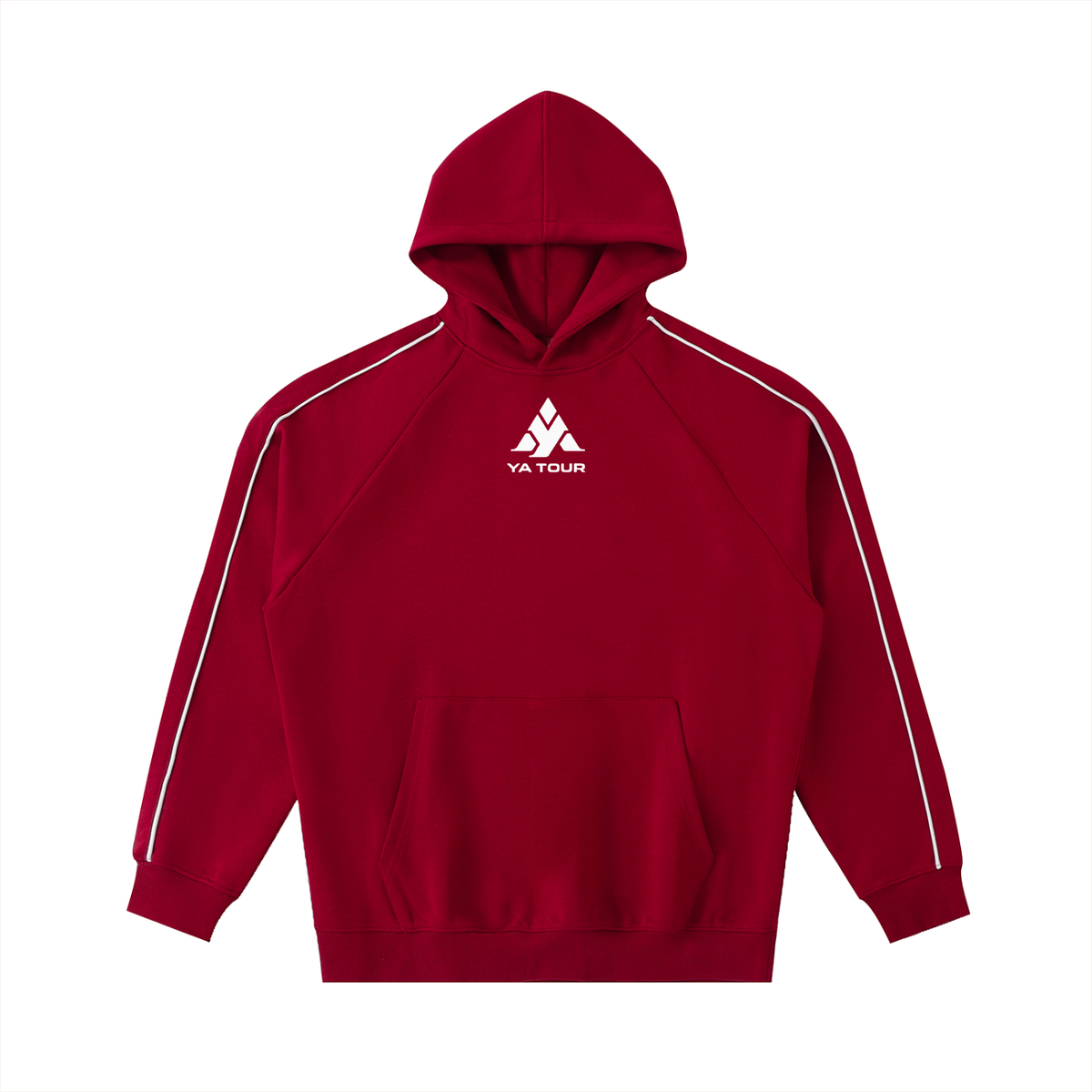 YA TOUR Contrast Piping Raglan Hoodie red — front view with white contrast piping on raglan sleeves and YA TOUR logo on chest