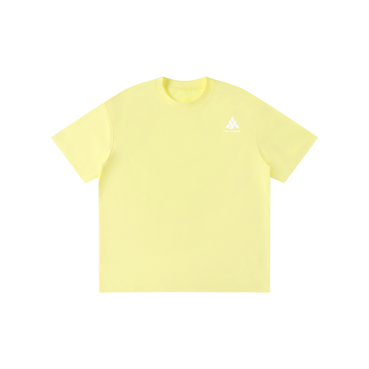 YA TOUR Kid's Solid Crewneck T-Shirt – Yellow, front flat lay with YA TOUR logo on left chest, drop shoulder crewneck and short sleeves