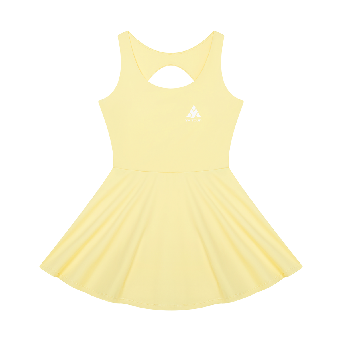YA TOUR Women's Open-Back Tennis Dress – Yellow, flat lay front view with YA TOUR logo