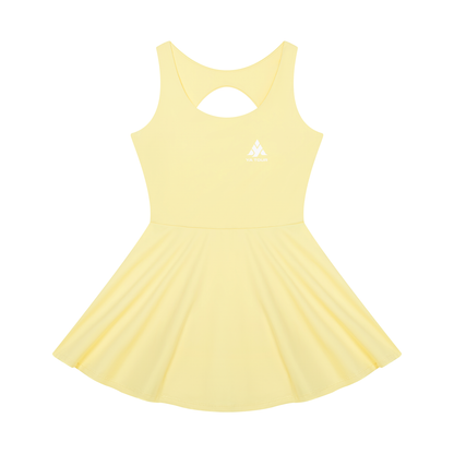 YA TOUR Women's Open-Back Tennis Dress – Yellow, flat lay front view with YA TOUR logo