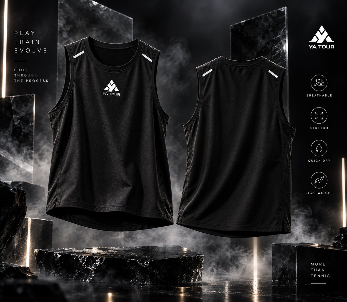 YA TOUR Men's Performance Tank Top – Black, front and back product display showing crew neck, sleeveless cut, reflective shoulder strap details and YA TOUR logo on chest, with Breathable, Stretch, Quick Dry and Lightweight performance icons in dark marble and smoke studio setting
