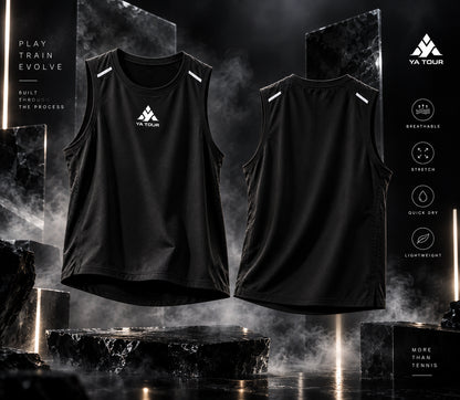 YA TOUR Men's Performance Tank Top – Black, front and back product display showing crew neck, sleeveless cut, reflective shoulder strap details and YA TOUR logo on chest, with Breathable, Stretch, Quick Dry and Lightweight performance icons in dark marble and smoke studio setting