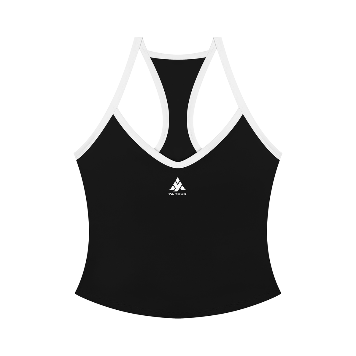 YA TOUR Women's Color Block Yoga Tank Top – Black with white color block trim, front flat lay showing V-neck, racerback design and YA TOUR logo on chest