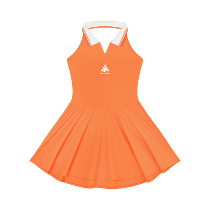 YA TOUR Women's Collared Halter A-Line Tennis Dress orange — front view with white collared neckline and YA TOUR logo on chest