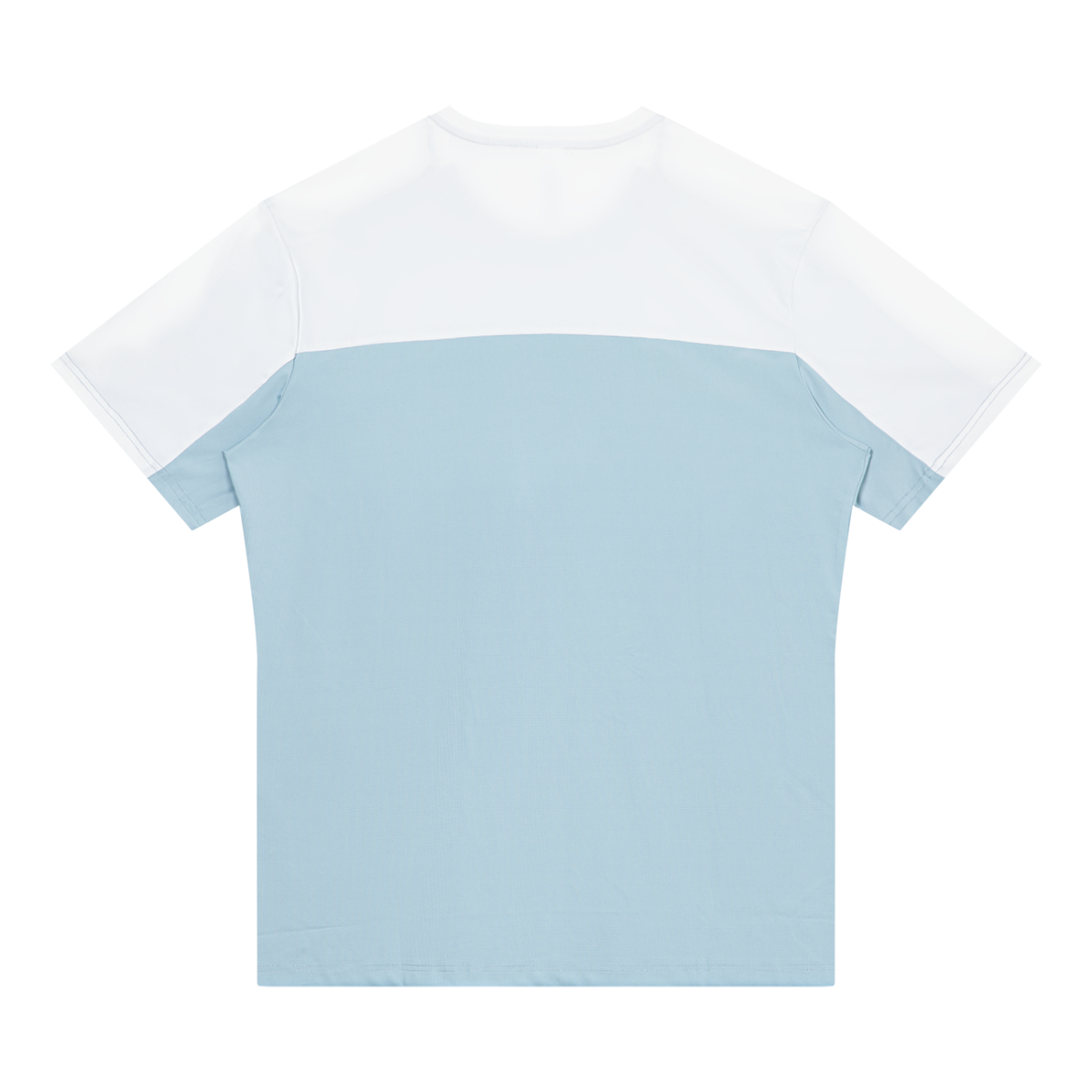 YA TOUR Men's Color Block Performance T-Shirt – Light Blue / White, back flat lay showing crew neck, short sleeves with contrast color block panels and clean back construction