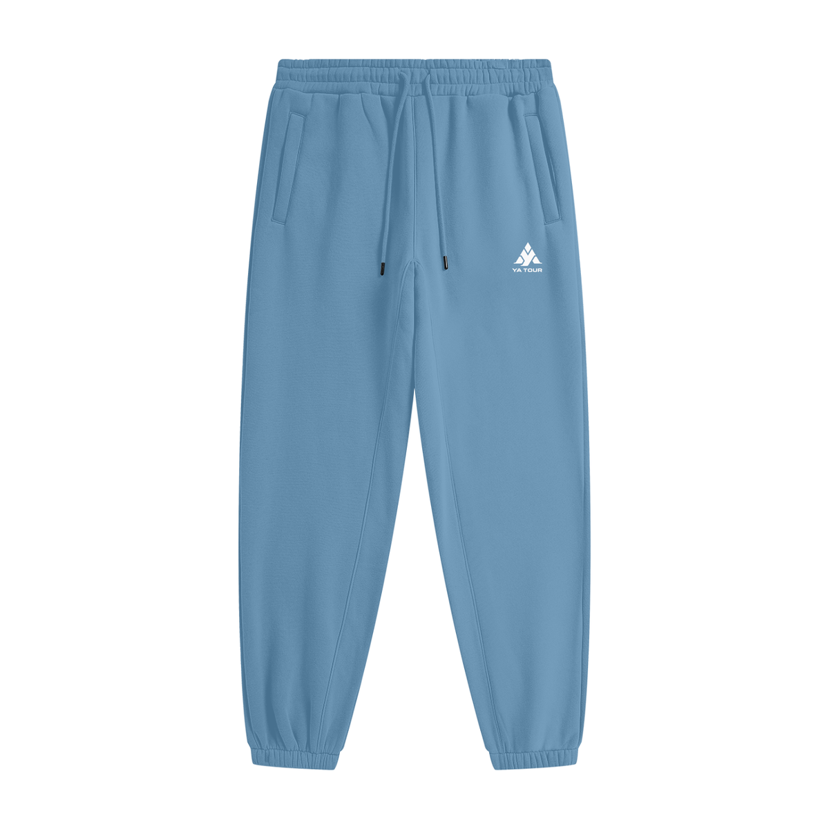 YA TOUR Unisex Heavyweight Fleece Joggers – Medium Blue, front flat lay showing mid-rise elastic waistband with drawstring, side pockets, tapered cuff and YA TOUR logo