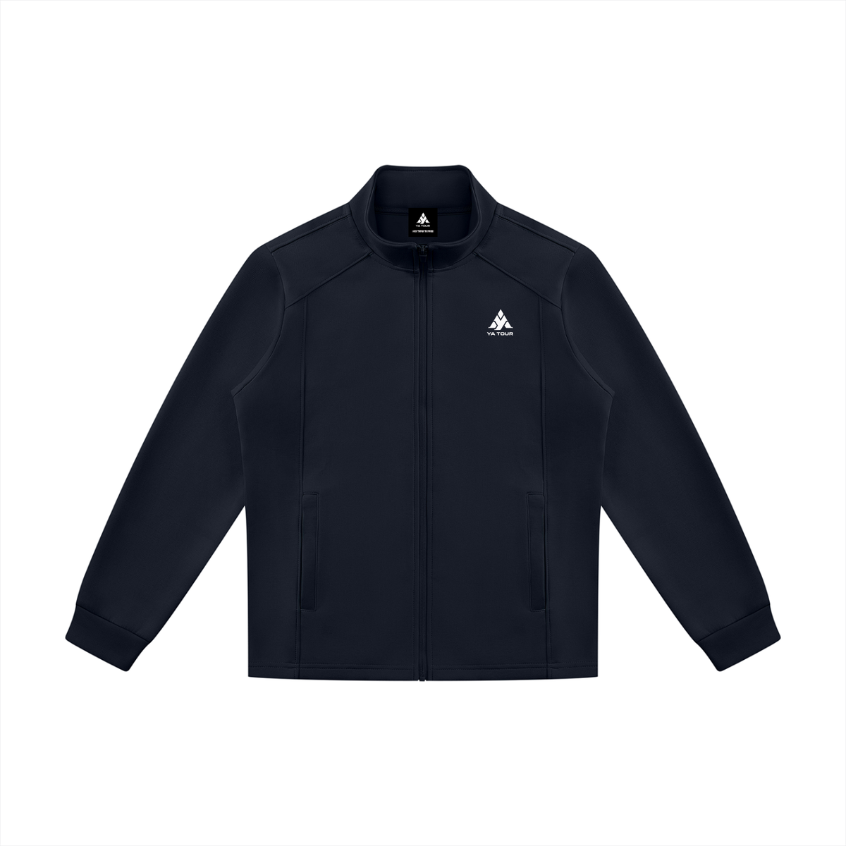 YA TOUR Unisex Stand Collar Track Jacket – Navy Blue, front flat lay showing stand collar, full-zip closure and slash pockets with logo YA TOUR