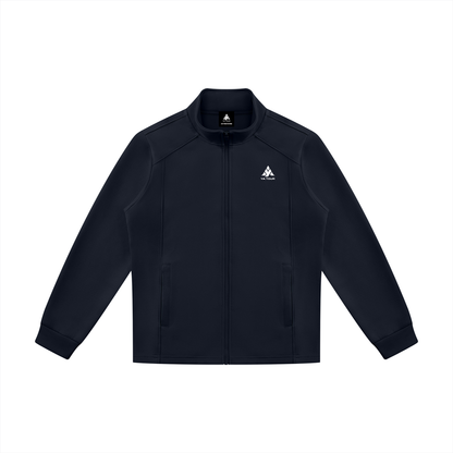 YA TOUR Unisex Stand Collar Track Jacket – Navy Blue, front flat lay showing stand collar, full-zip closure and slash pockets with logo YA TOUR