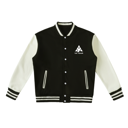 YA TOUR Two-Tone Fleeced Varsity Jacket – Black and White, front view with YA TOUR logo and snap buttons
