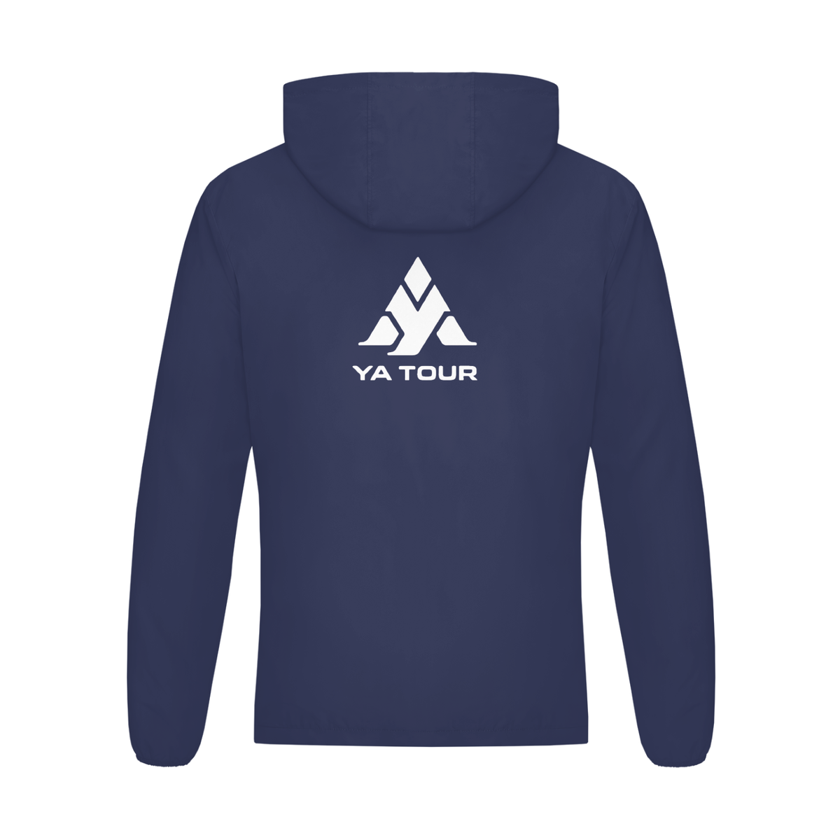 YA TOUR Soft Hooded Sports Tennis Jacket – Navy Blue, back flat lay showing hood, YA TOUR logo on back and clean construction, white studio background