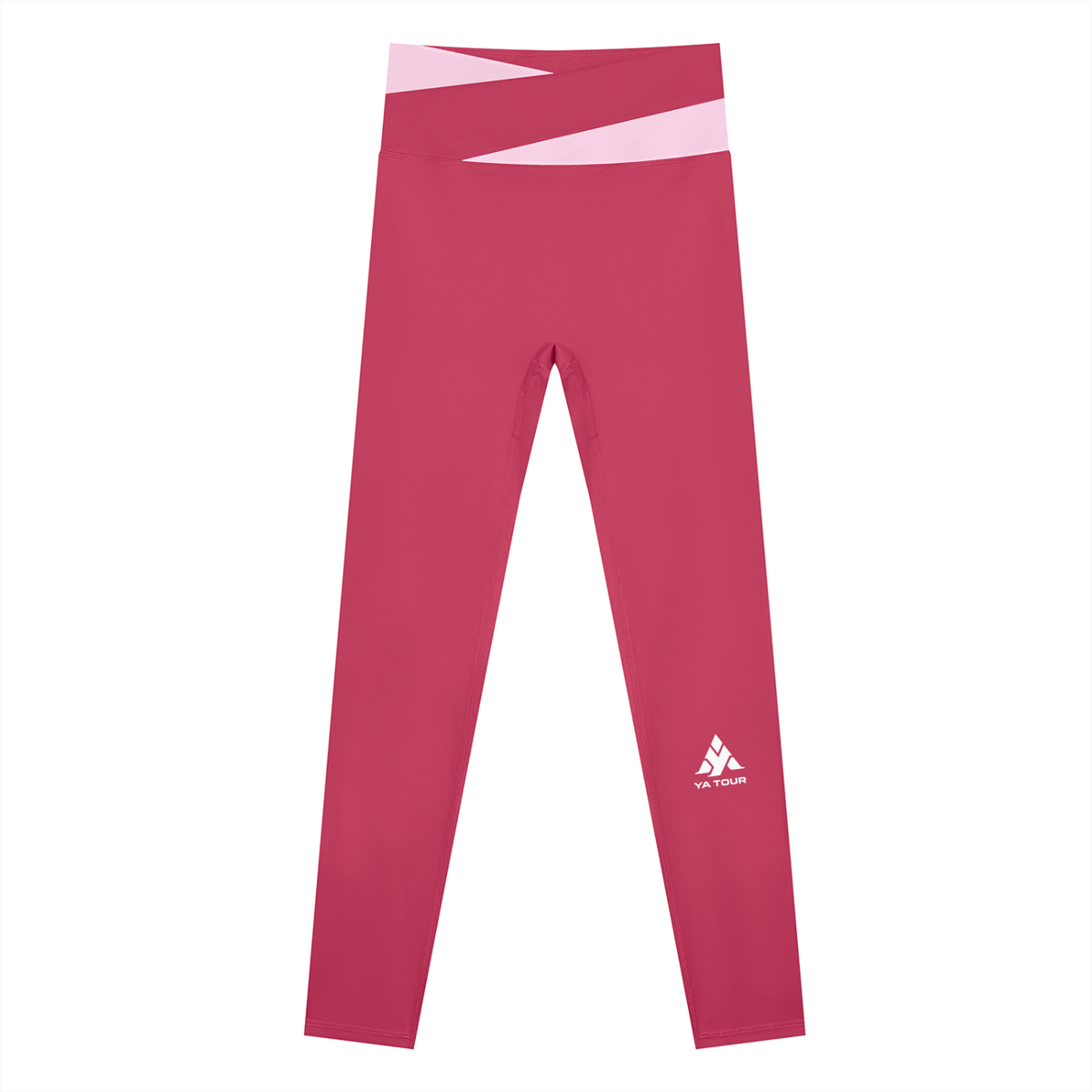 YA TOUR Women's Color Block Tennis Leggings – Rose Red with Pink color block waistband, front flat lay showing high-waist design and YA TOUR logo on leg