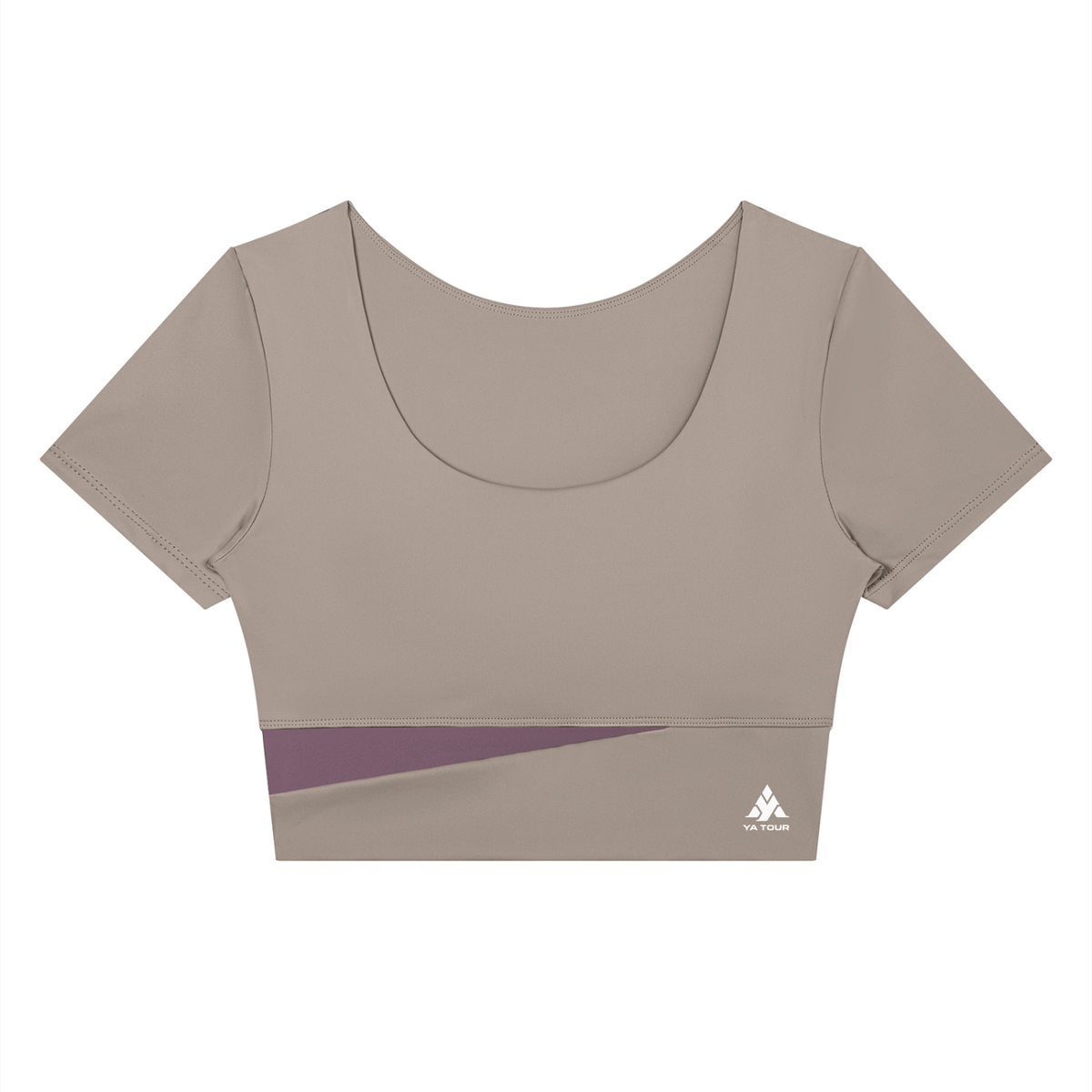 YA TOUR Women's Panelled Crop Tennis T-Shirt – Gray Purple with Misty Purple diagonal panel, front flat lay showing U-neck, short sleeve crop fit and YA TOUR logo on hem