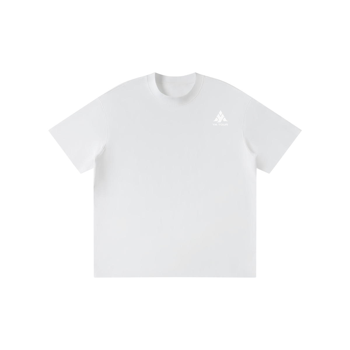 YA TOUR Kid's Solid Crewneck T-Shirt – White, front flat lay with YA TOUR logo on left chest, drop shoulder crewneck and short sleeves
