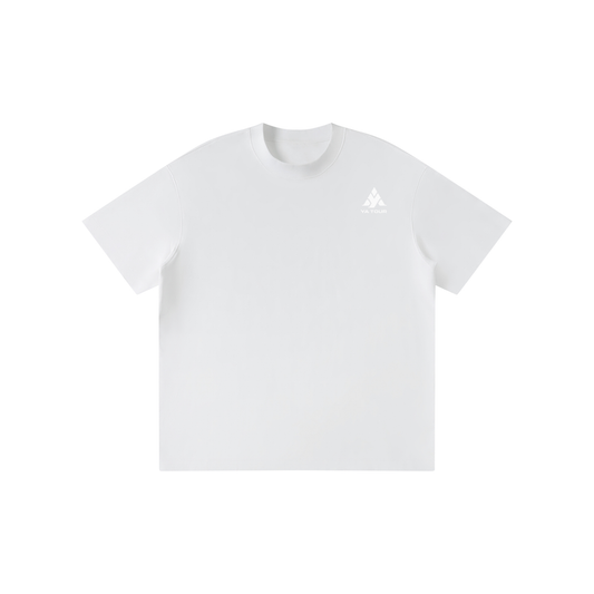 YA TOUR Kid's Solid Crewneck T-Shirt – White, front flat lay with YA TOUR logo on left chest, drop shoulder crewneck and short sleeves
