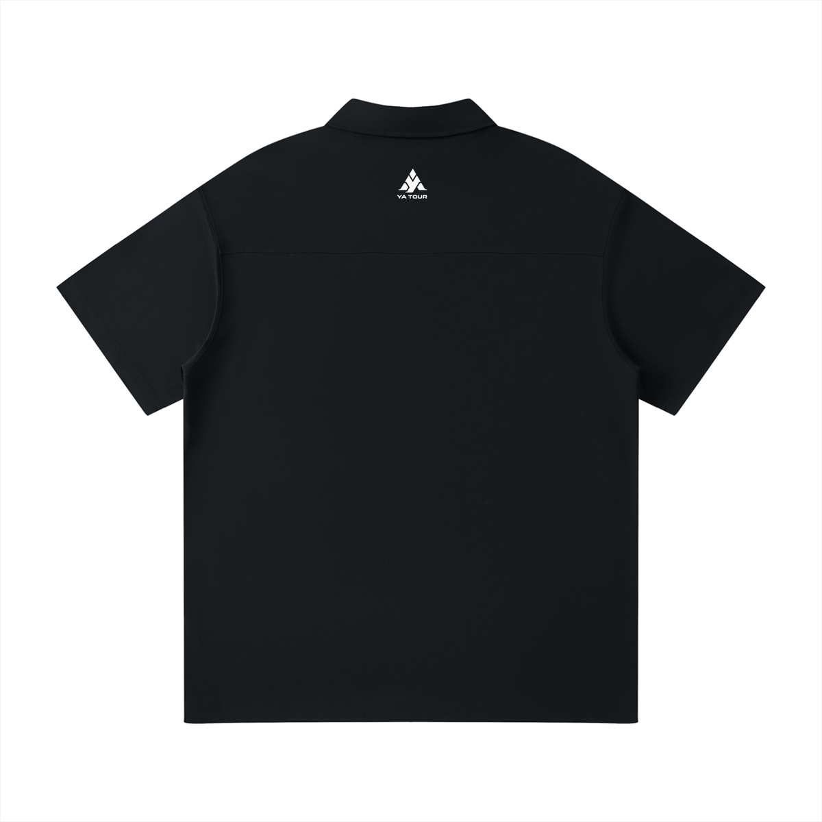 YA TOUR Unisex Quarter-Zip Polo Shirt – Black, back flat lay with YA TOUR logo on upper back
