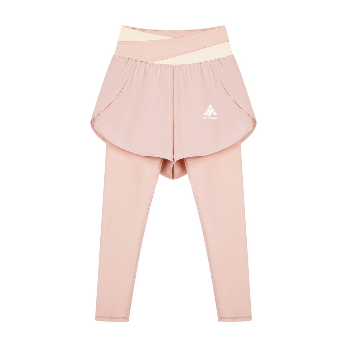 YA TOUR Women's Paneled High Waisted Shorts – Light Pink with Apricot, front view with logo YA TOUR