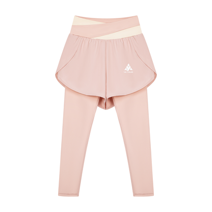 YA TOUR Women's Paneled High Waisted Shorts – Light Pink with Apricot, front view with logo YA TOUR