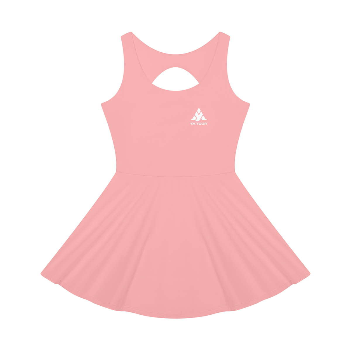 YA TOUR Women's Open-Back Tennis Dress – Pink, flat lay front view with YA TOUR logo