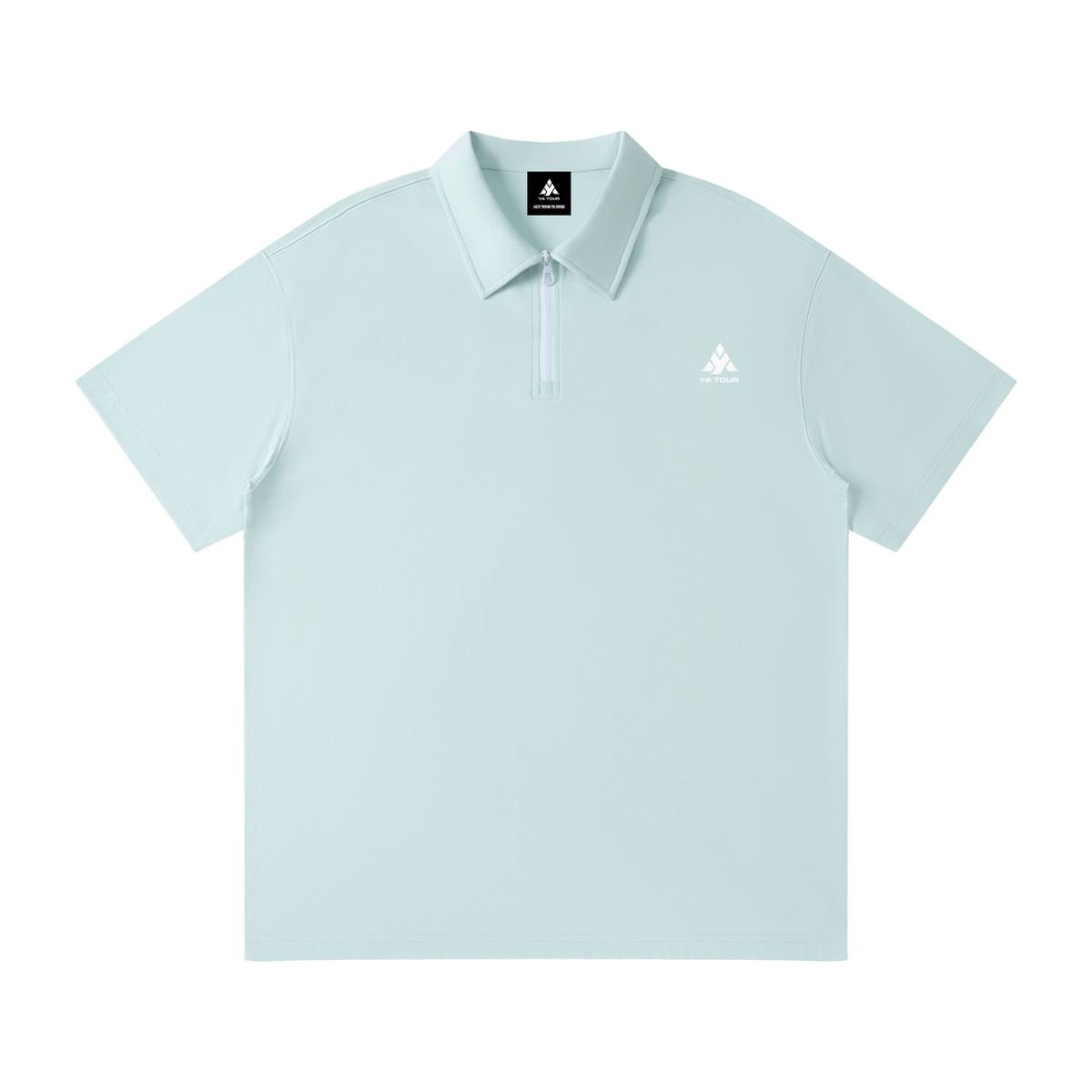 YA TOUR Unisex Quarter-Zip Polo Shirt – Light Blue, front flat lay showing lapel collar and quarter-zip closure with logo YA TOUR