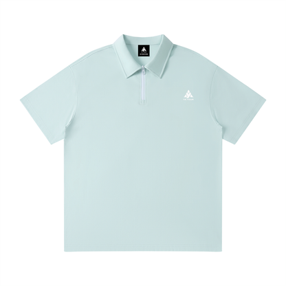 YA TOUR Unisex Quarter-Zip Polo Shirt – Light Blue, front flat lay showing lapel collar and quarter-zip closure with logo YA TOUR