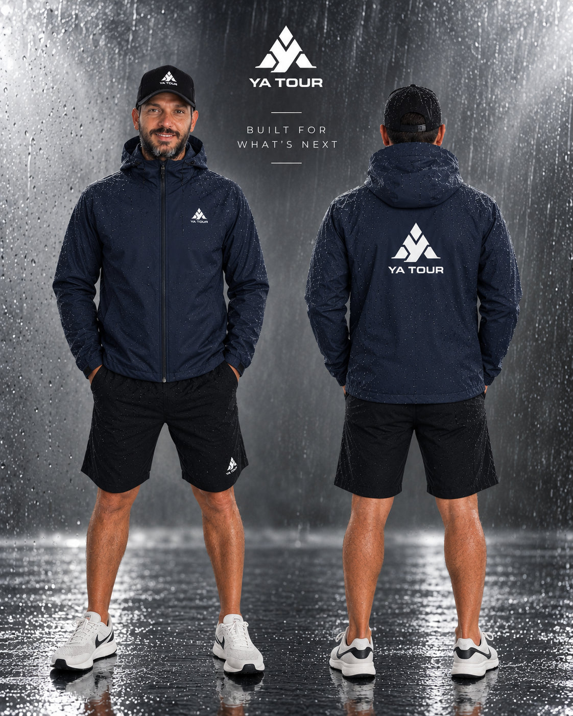 YA TOUR Soft Hooded Sports Tennis Jacket – Navy Blue, on-model editorial lifestyle shot showing front and back views with YA TOUR logo, worn in rain with black shorts and cap, "Built For What's Next" headline
