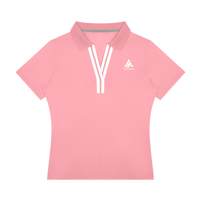 YA TOUR Women's Color Block Polo Shirt pink — front view with YA TOUR logo and white V-neck contrast stripe