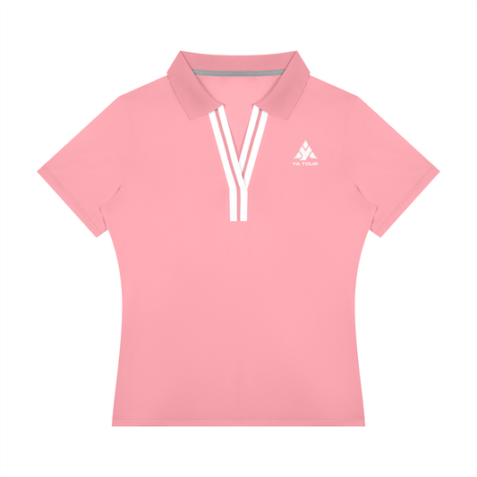 YA TOUR Women's Color Block Polo Shirt pink — front view with YA TOUR logo and white V-neck contrast stripe
