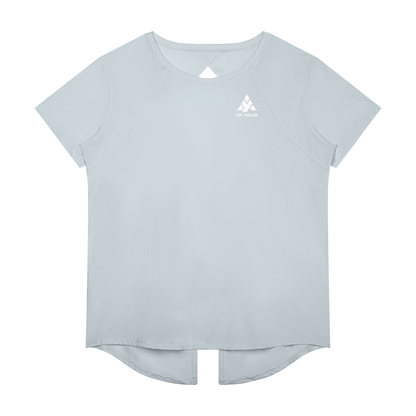 YA TOUR Women's Raglan Training T-Shirt – Gray Blue, front view with logo