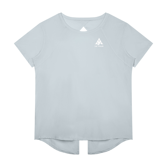 YA TOUR Women's Raglan Training T-Shirt – Gray Blue, front view with logo