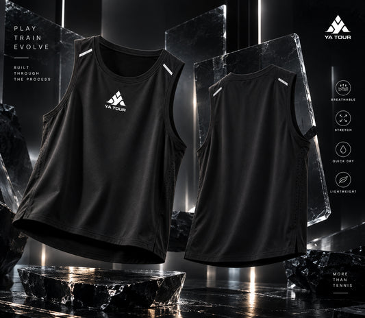 YA TOUR Men's Performance Tank Top – Black, front and back product display showing crew neck, sleeveless cut, reflective shoulder strap details and YA TOUR logo on chest, with Breathable, Stretch, Quick Dry and Lightweight performance icons in dark crystal studio setting