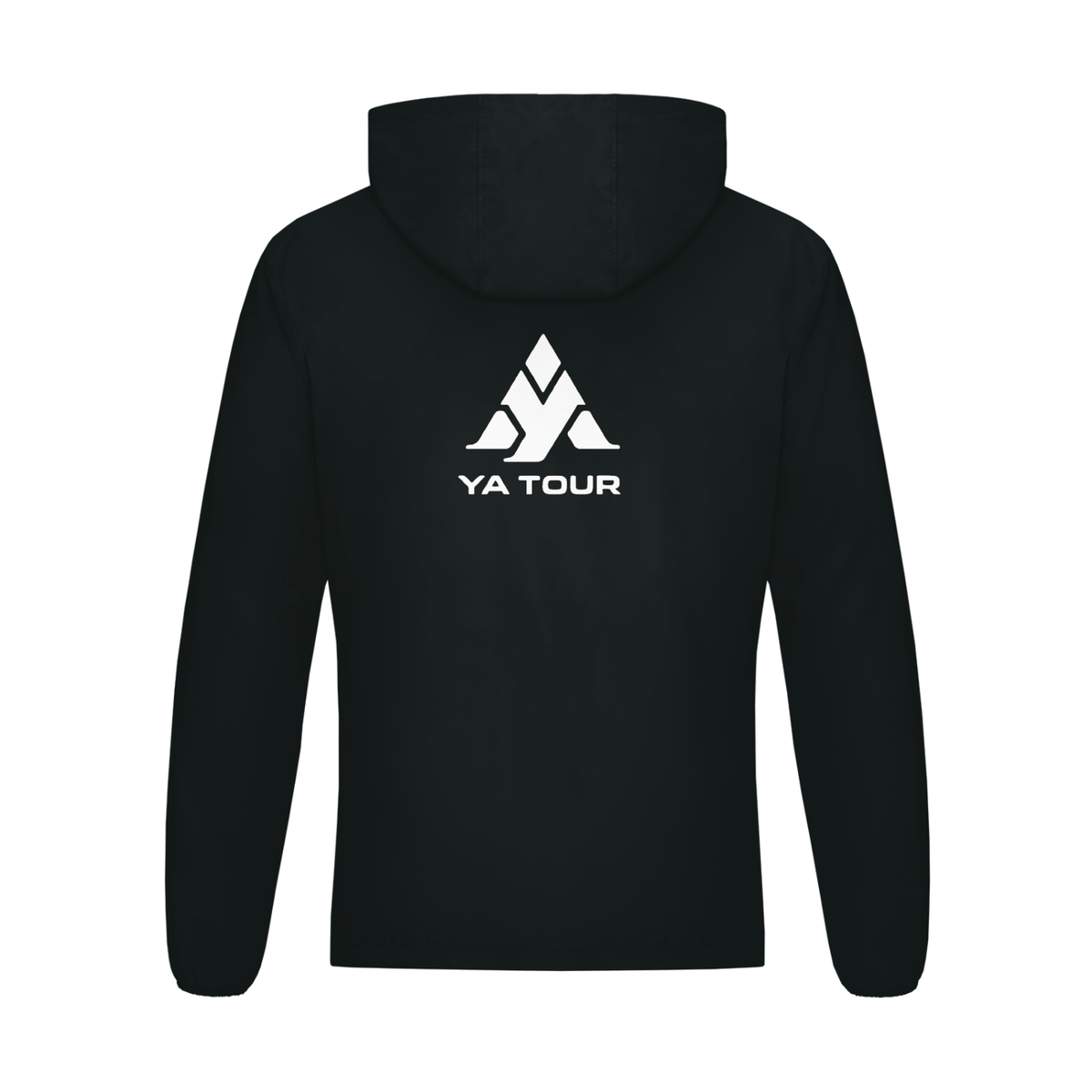 YA TOUR Soft Hooded Sports Tennis Jacket – Black, back flat lay showing hood, large YA TOUR logo on back and clean construction, white studio background