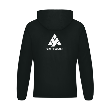 YA TOUR Soft Hooded Sports Tennis Jacket – Black, back flat lay showing hood, large YA TOUR logo on back and clean construction, white studio background