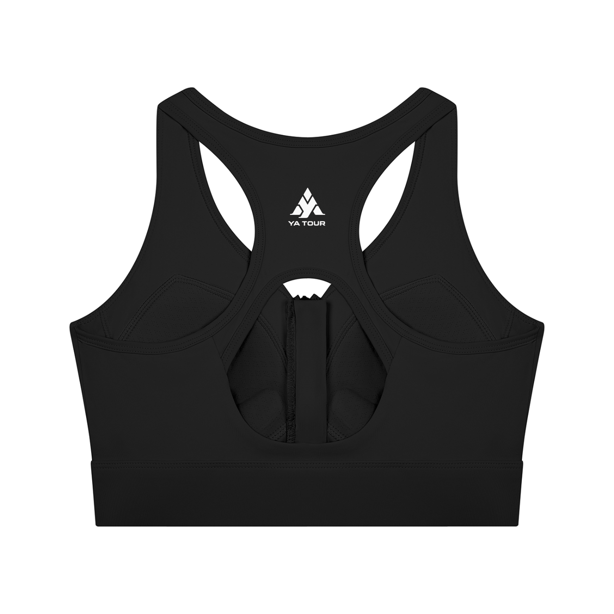 YA TOUR Women's Cropped Zip Sports Bra black — back view showing YA TOUR logo and racerback cutout detail