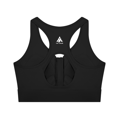 YA TOUR Women's Cropped Zip Sports Bra black — back view showing YA TOUR logo and racerback cutout detail