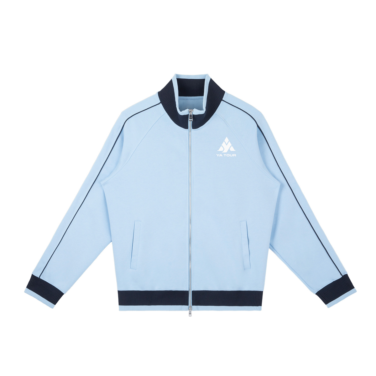YA TOUR Color Block Raglan Sleeve Zip Track Jacket sky blue and navy — front view with YA TOUR logo