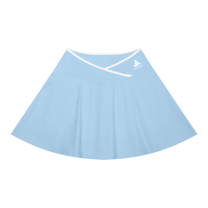 YA TOUR Women's Color Block A-Line Skirt – Sky Blue with white crossover color block waistband, front flat lay showing A-line silhouette and YA TOUR logo