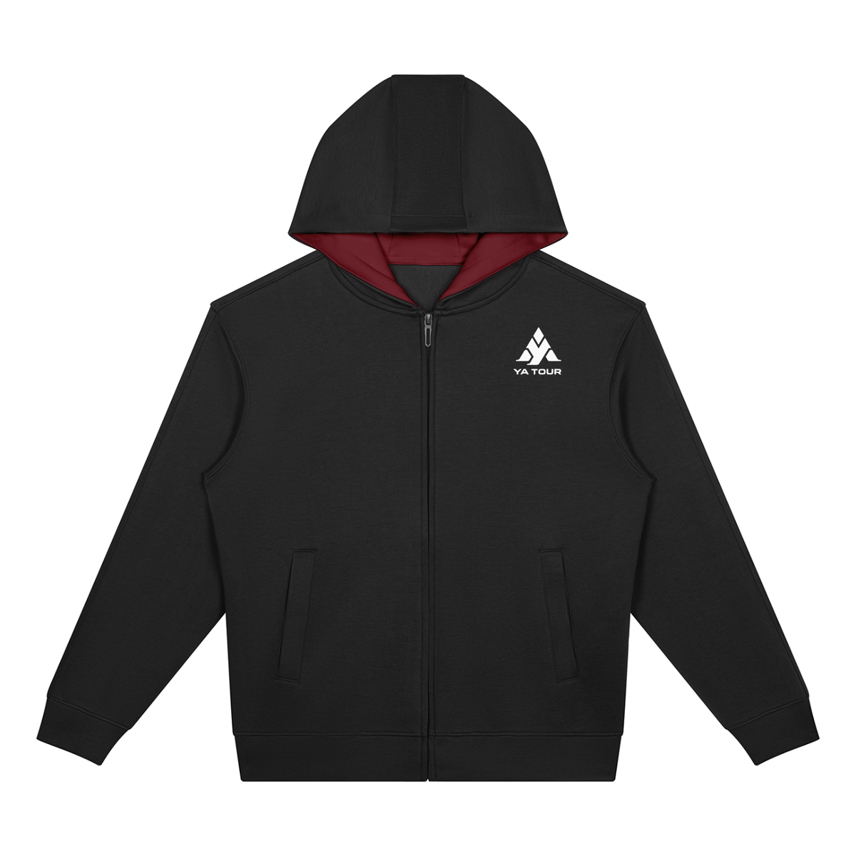 YA TOUR Drop Shoulder Full Zip Hoodie – Black, front view showing drop shoulder construction, full-zip closure, hood and long sleeves with YA TOUR logo on chest