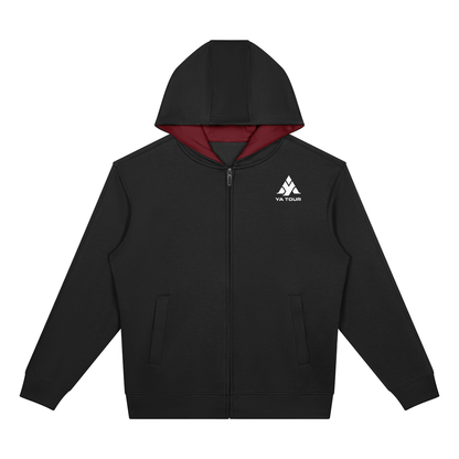 YA TOUR Drop Shoulder Full Zip Hoodie – Black, front view showing drop shoulder construction, full-zip closure, hood and long sleeves with YA TOUR logo on chest