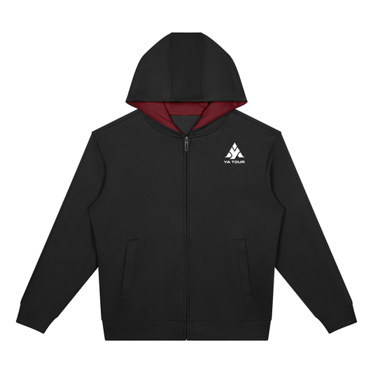 YA TOUR Drop Shoulder Full Zip Hoodie – Black, front view showing drop shoulder construction, full-zip closure, hood and long sleeves with YA TOUR logo on chest