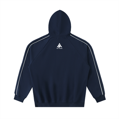 YA TOUR Contrast Piping Raglan Hoodie navy blue — back view showing white contrast piping along raglan seams and YA TOUR logo
