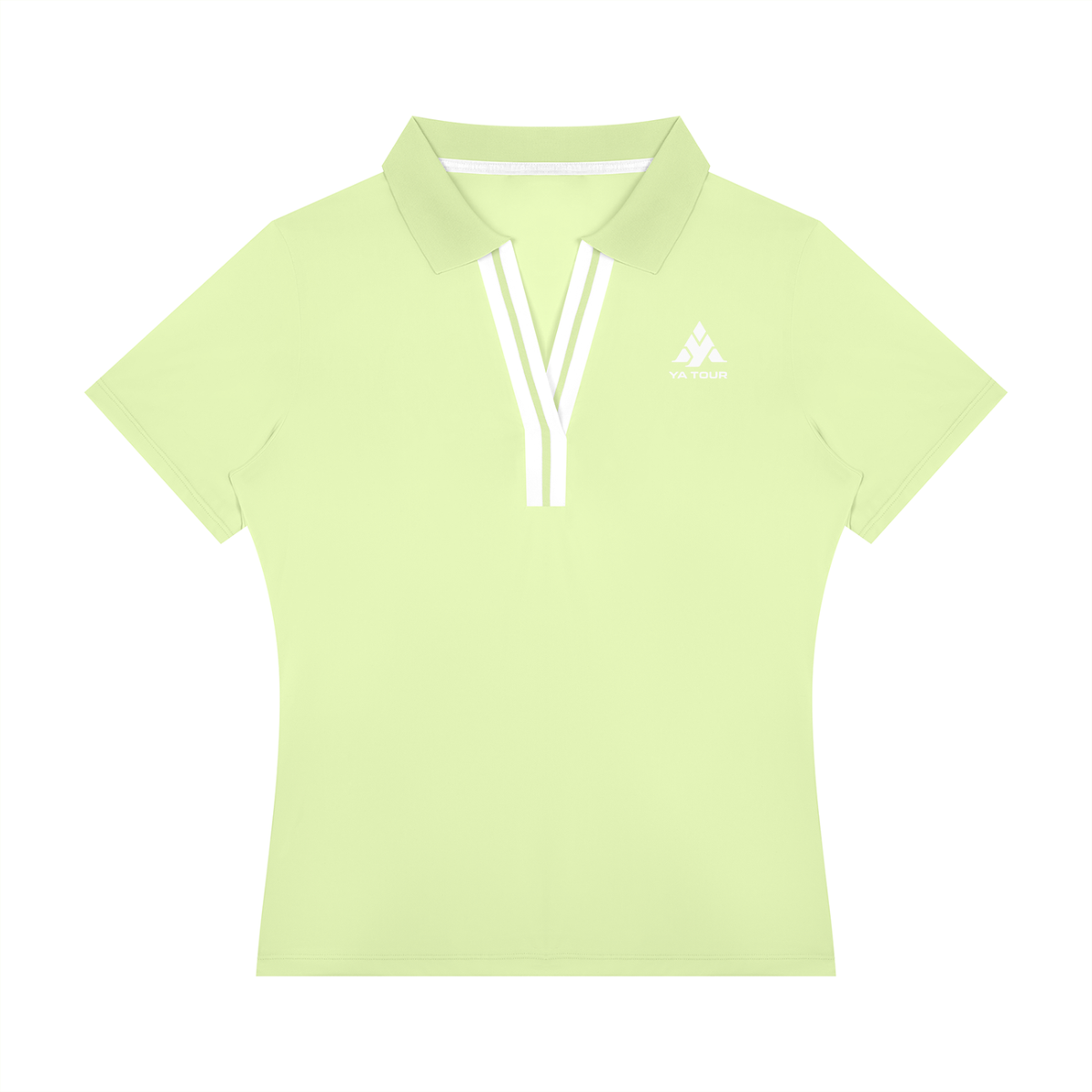 YA TOUR Women's Color Block Polo Shirt lime yellow — front view with YA TOUR logo and white V-neck contrast stripe