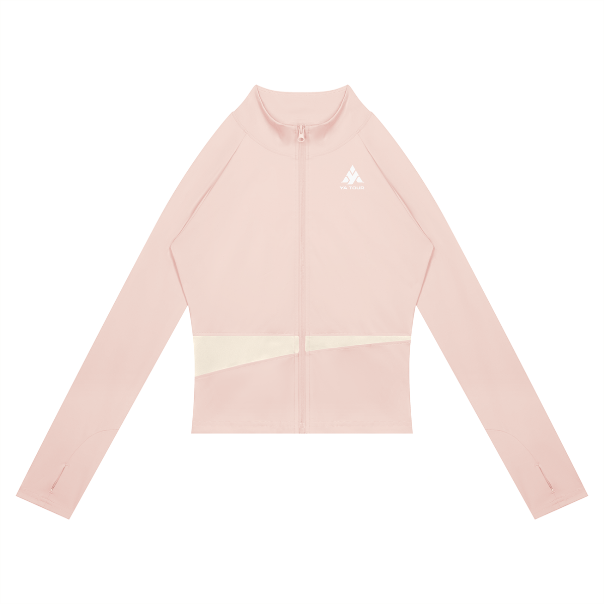 YA TOUR Women's Paneled Tennis Jacket – Light Pink with Apricot panel, front flat lay showing stand collar, full-zip closure and YA TOUR logo on chest