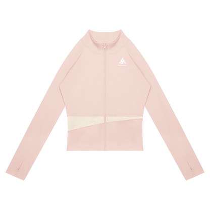 YA TOUR Women's Paneled Tennis Jacket – Light Pink with Apricot panel, front flat lay showing stand collar, full-zip closure and YA TOUR logo on chest