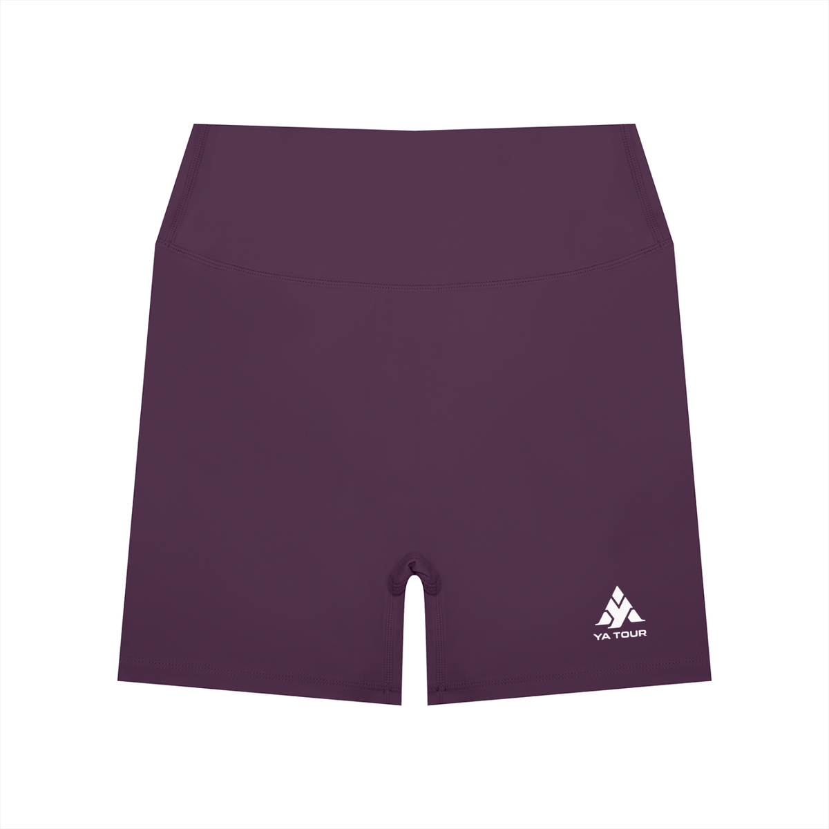 YA TOUR Women's High Waisted Shorts – Plum Purple, front view with YA TOUR logo