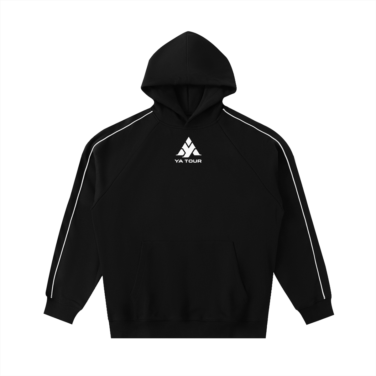 YA TOUR Contrast Piping Raglan Hoodie black — front view with white contrast piping on raglan sleeves and YA TOUR logo on chest